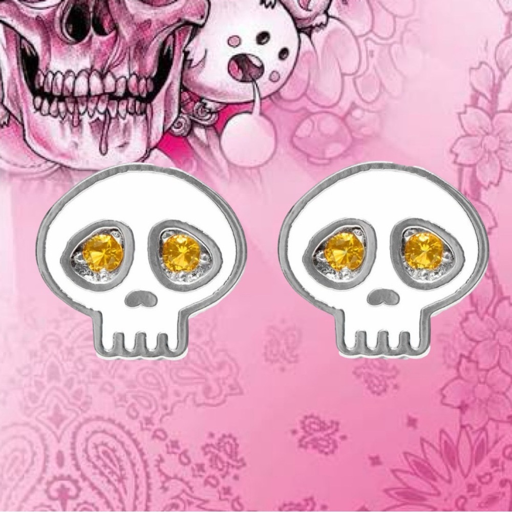 925 Sterling Silver Skull Gemstone Enameled Halloween Theme Earrings Goth 25$